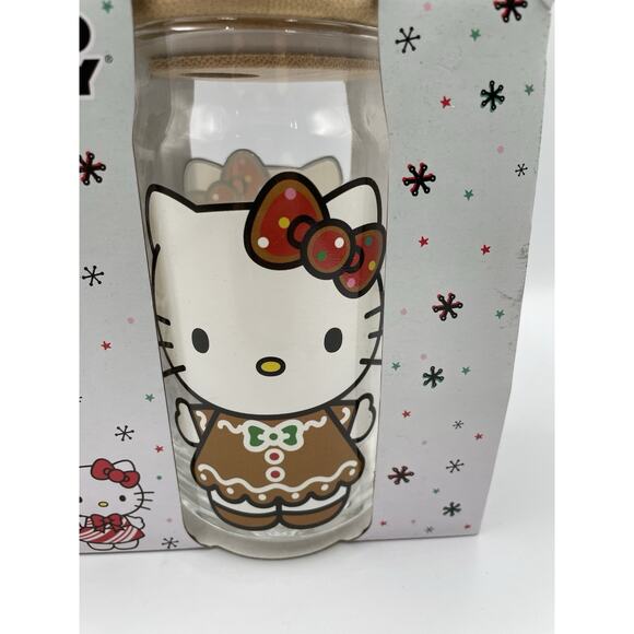 Sanrio Hello Kitty Christmas Gingerbread Glass Tumbler W/ Straw 16oz Set of 2 - Picture 3 of 8